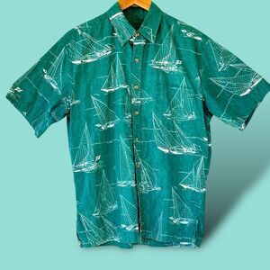 Cooke Street Hawaiian Nautical Mens Camp Shirt Size Med‎ Green Sailboat Y…